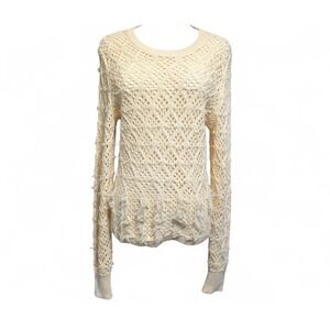 J. Crew Pointelle Crewneck Sweater with Fringe Warm Sesame‎ M NWT